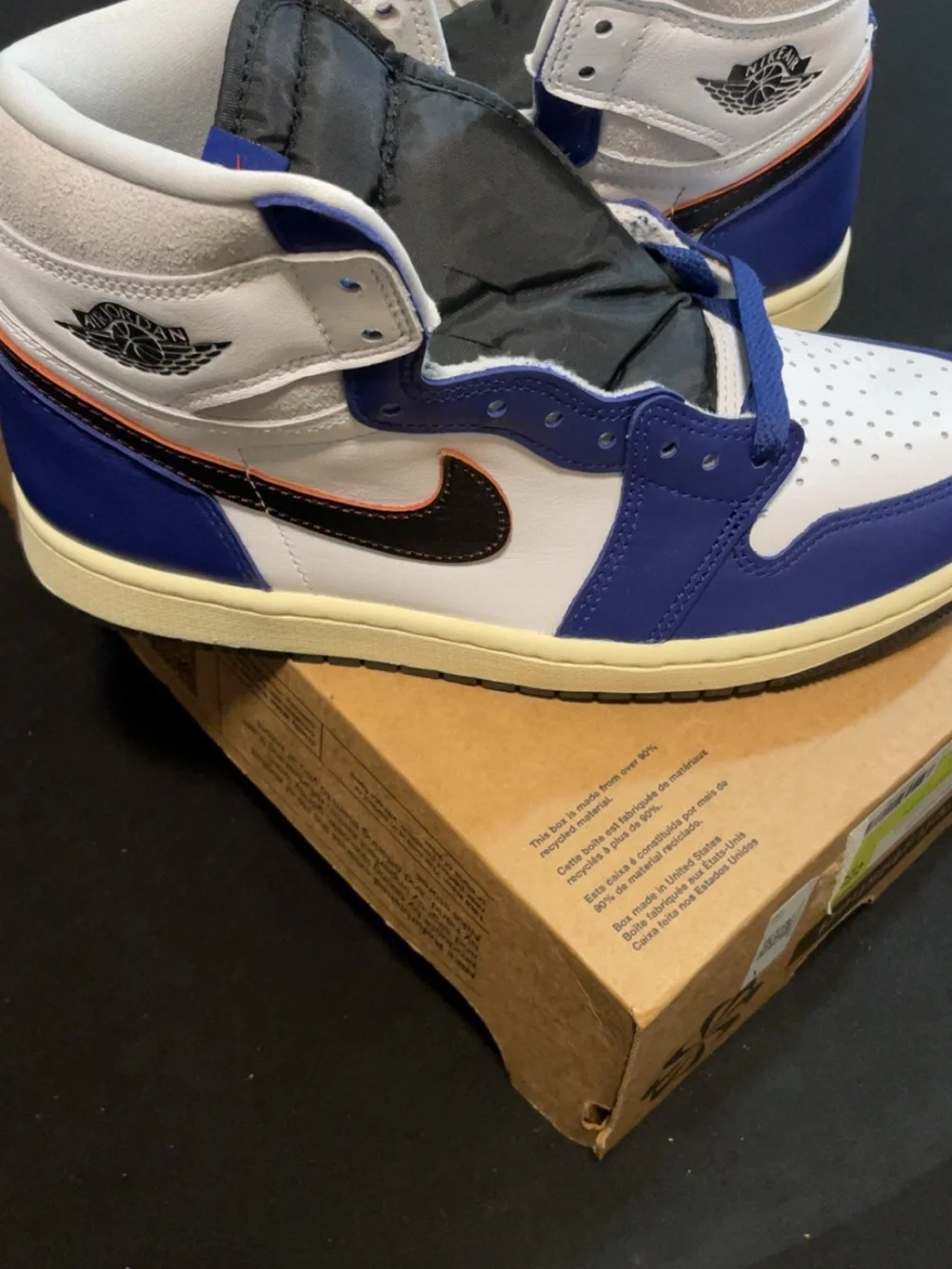Nike Air Jordan 1 High in White and Blue with Black Swoosh